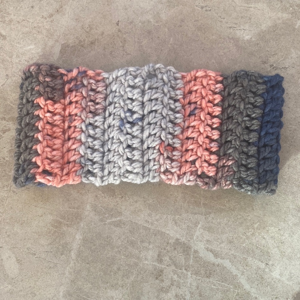 Colorful Hand Knit Headband - Blue, Grey, Pink